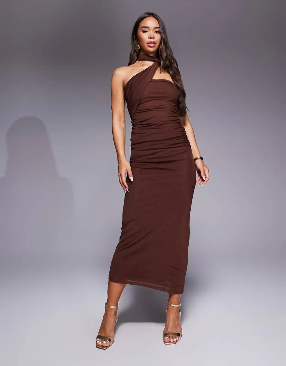 ASOS DESIGN bandeau mesh scarf detail maxi dress in brown