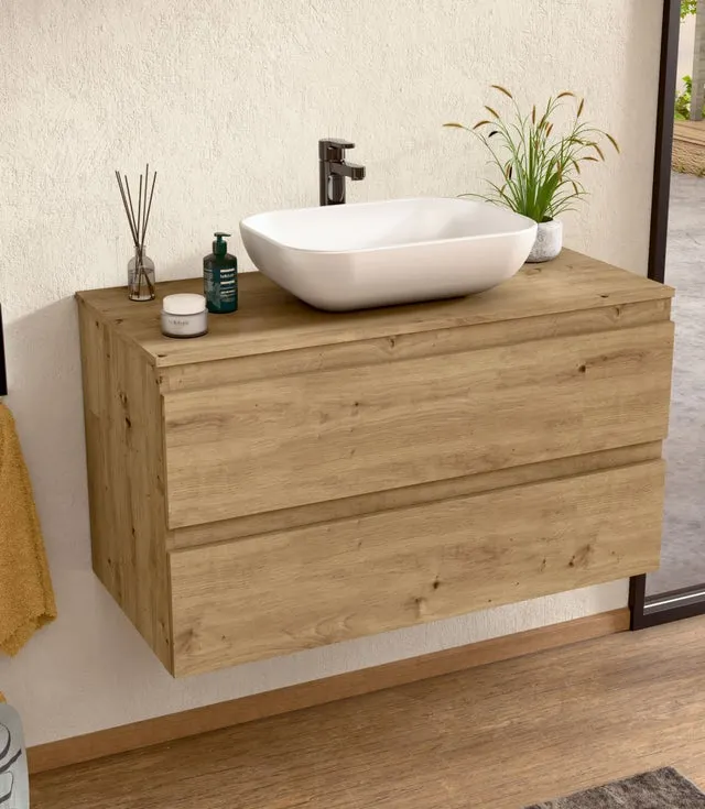 BELLOBATH - Mueble de baño suspendido con lavabo de cerámica, Mueble con 2 Cajones, 100 x 55 x 46 cm, Mueble roble