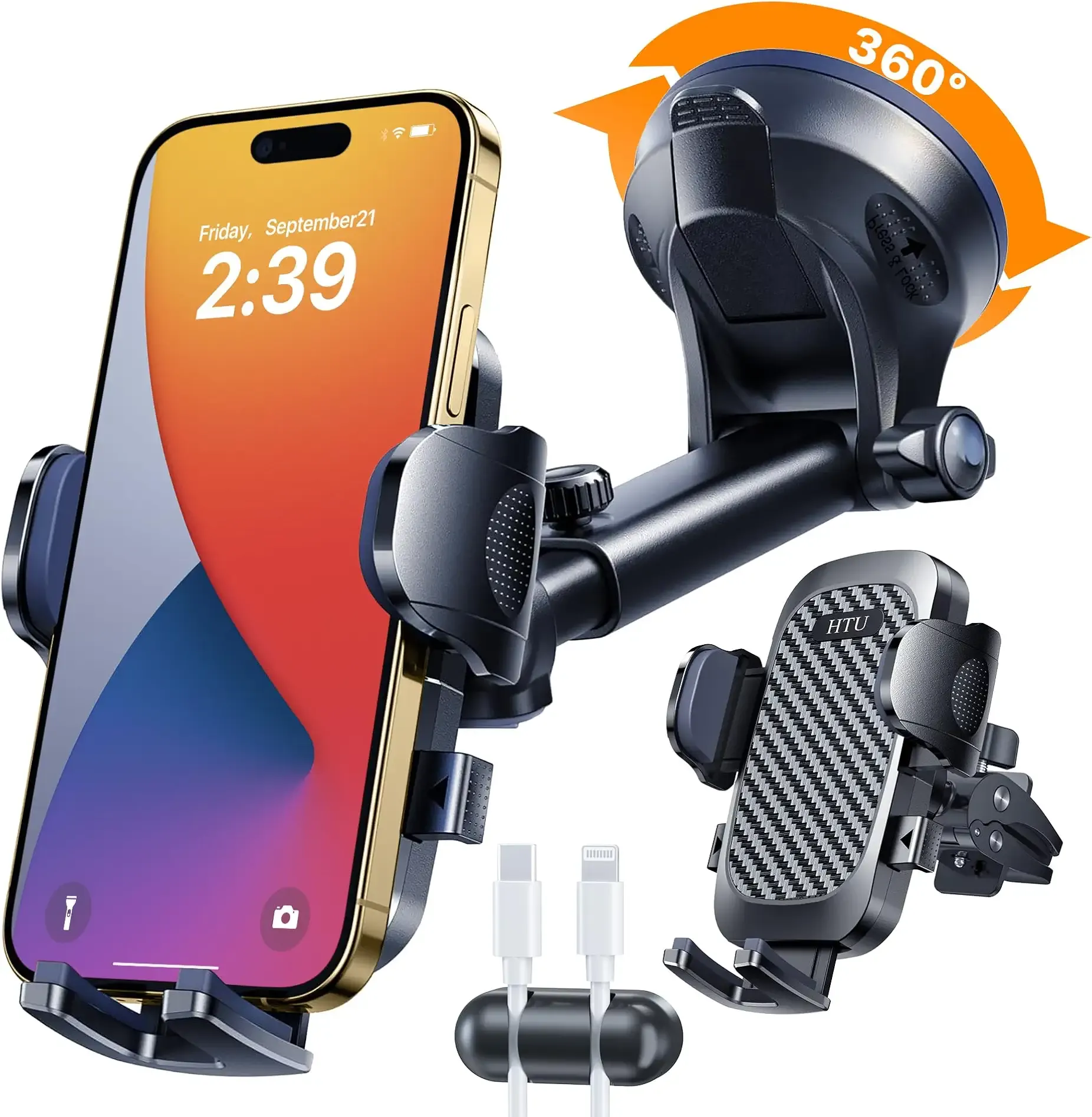 2026 Ultimate Best【True Military-Grade & Safety Cert】Car Phone Holder HTU【Upgraded 360° Rotation & 100LBS Strongest Suction】5-in-1 Truck Windshield Dashboard Vent Mount Stand for iPhone Android, Black