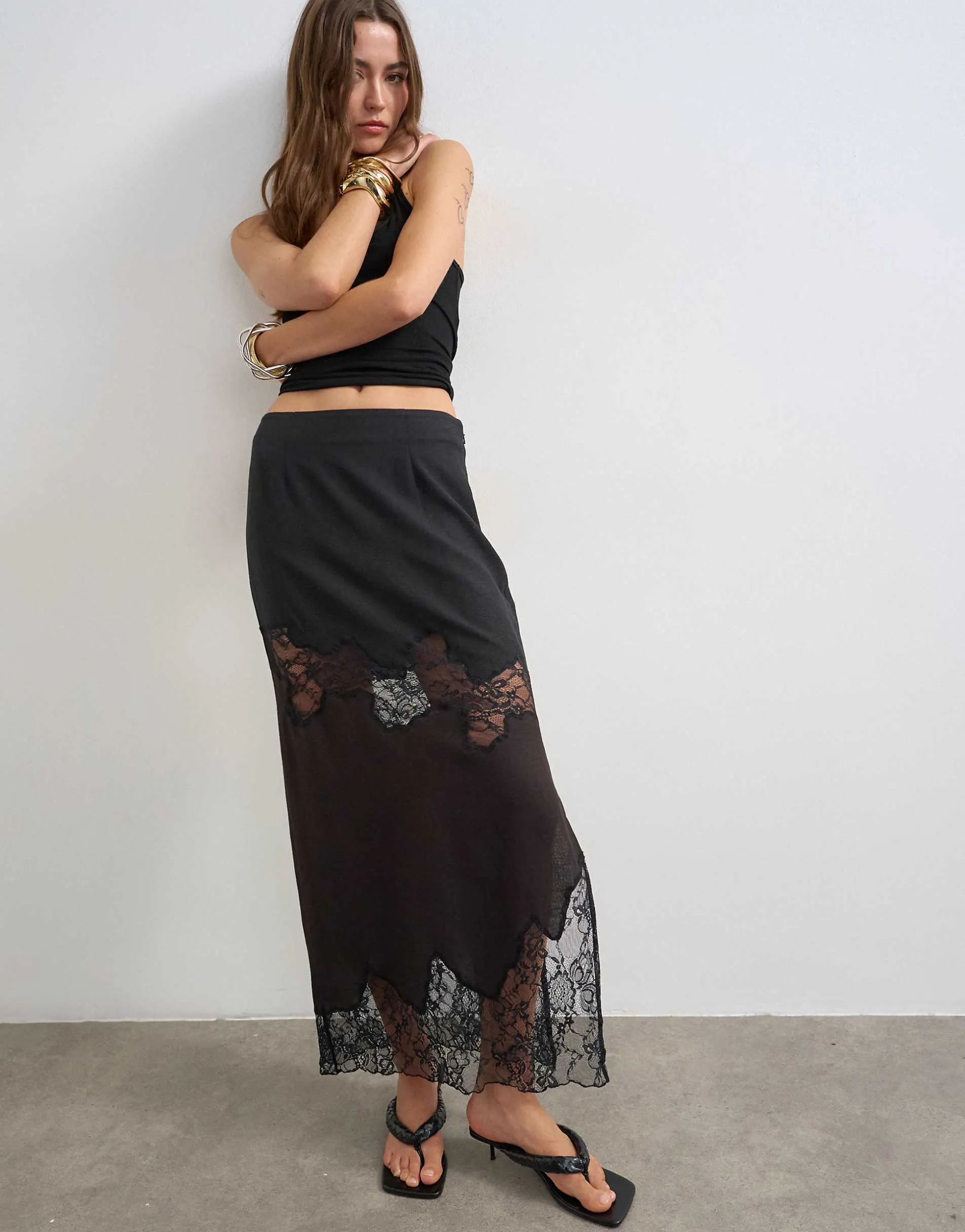 Topshop lace insert column maxi skirt in brown and black