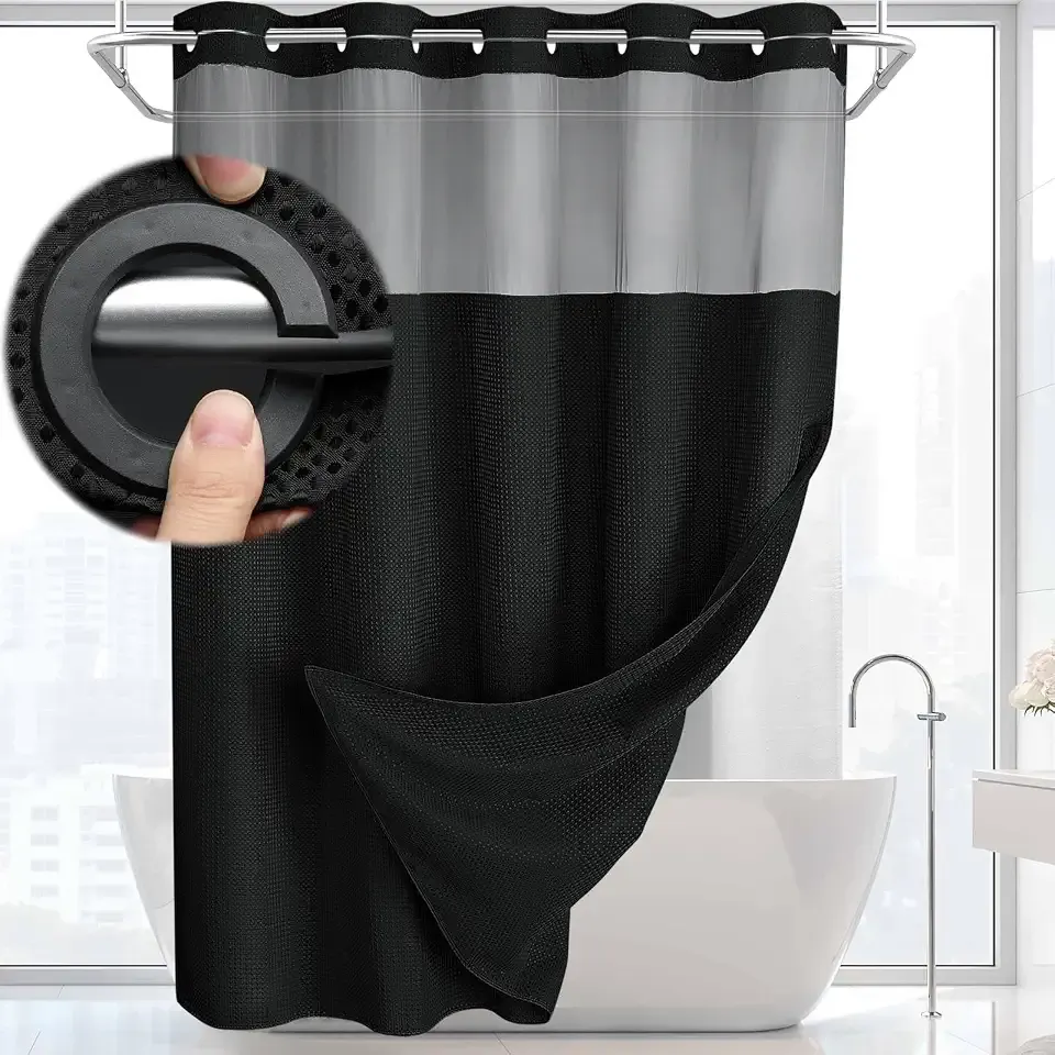 No Hook Shower Curtain with Liner Set Hotel Waffle Curtain Black 72W X 75L | Washable Snap in Fabric Liner, Mesh Top Window, Waffle Hotel Style Shower Curtain Set