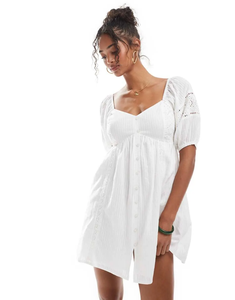New Look embroidered button through mini dress in white
