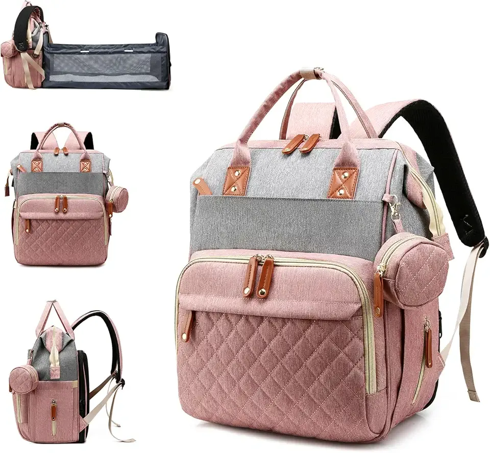 Lamroro Diaper Bag with Changing Station, Waterproof 3 in 1 Baby Diaper Backpack with Foldable Changing Pad, Pink-Grey