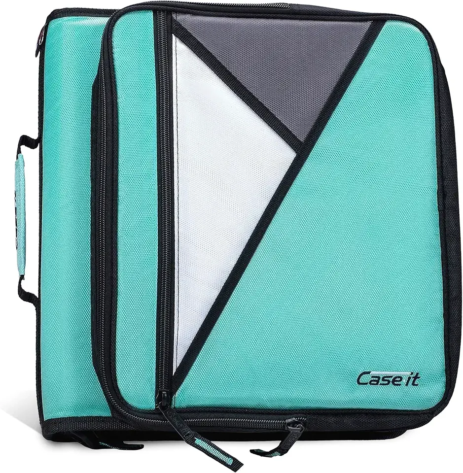 Case-it School Zipper Binder | 2" O-Rings | 350-Sheet | LT-007 Spearmint | Universal, 13-Inch Laptop/Tablet Padded Pocket, Multiple Storage Pockets, Shoulder Strap, School & Office Organizer