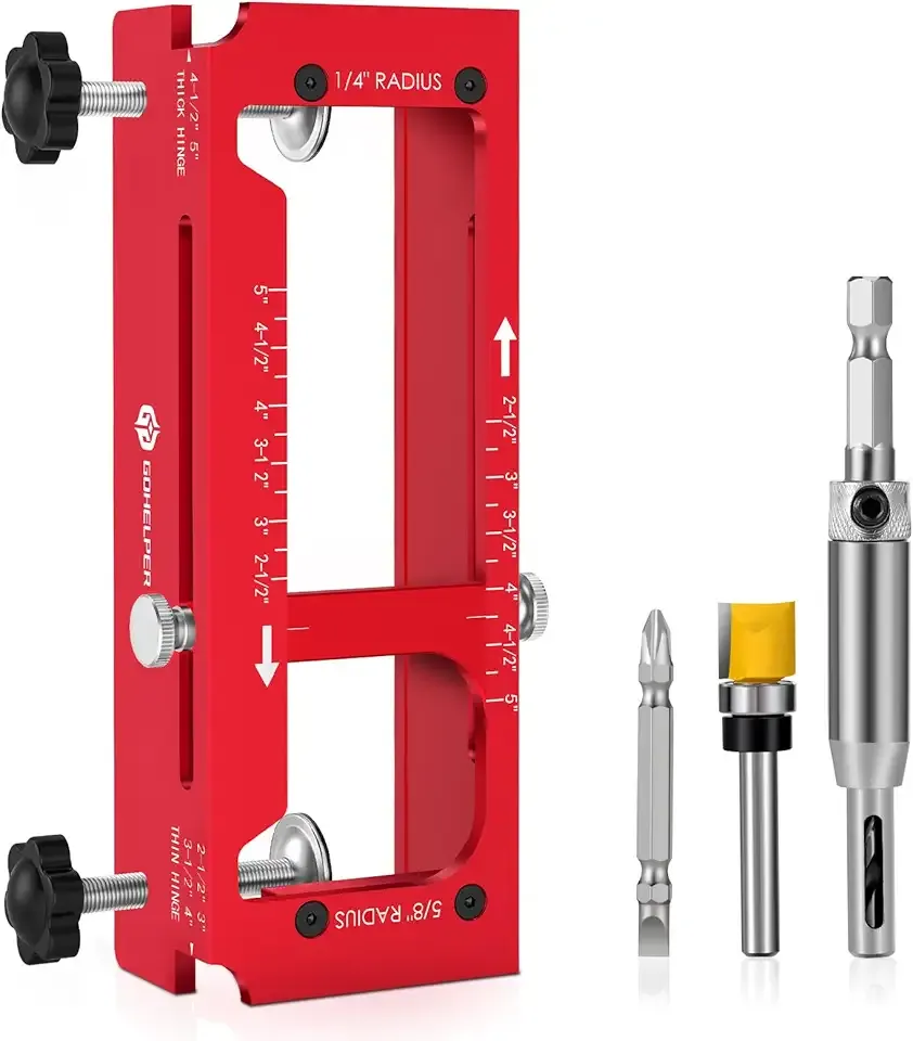 Door Hinge Jig, Aluminum Alloy Door Hinge Template Kit for Router, Adjustable Mortise Jig Fits Door Hinges from 2.5" to 5" Length, 1/4" R, 5/8" R, Square Corner (Red One)