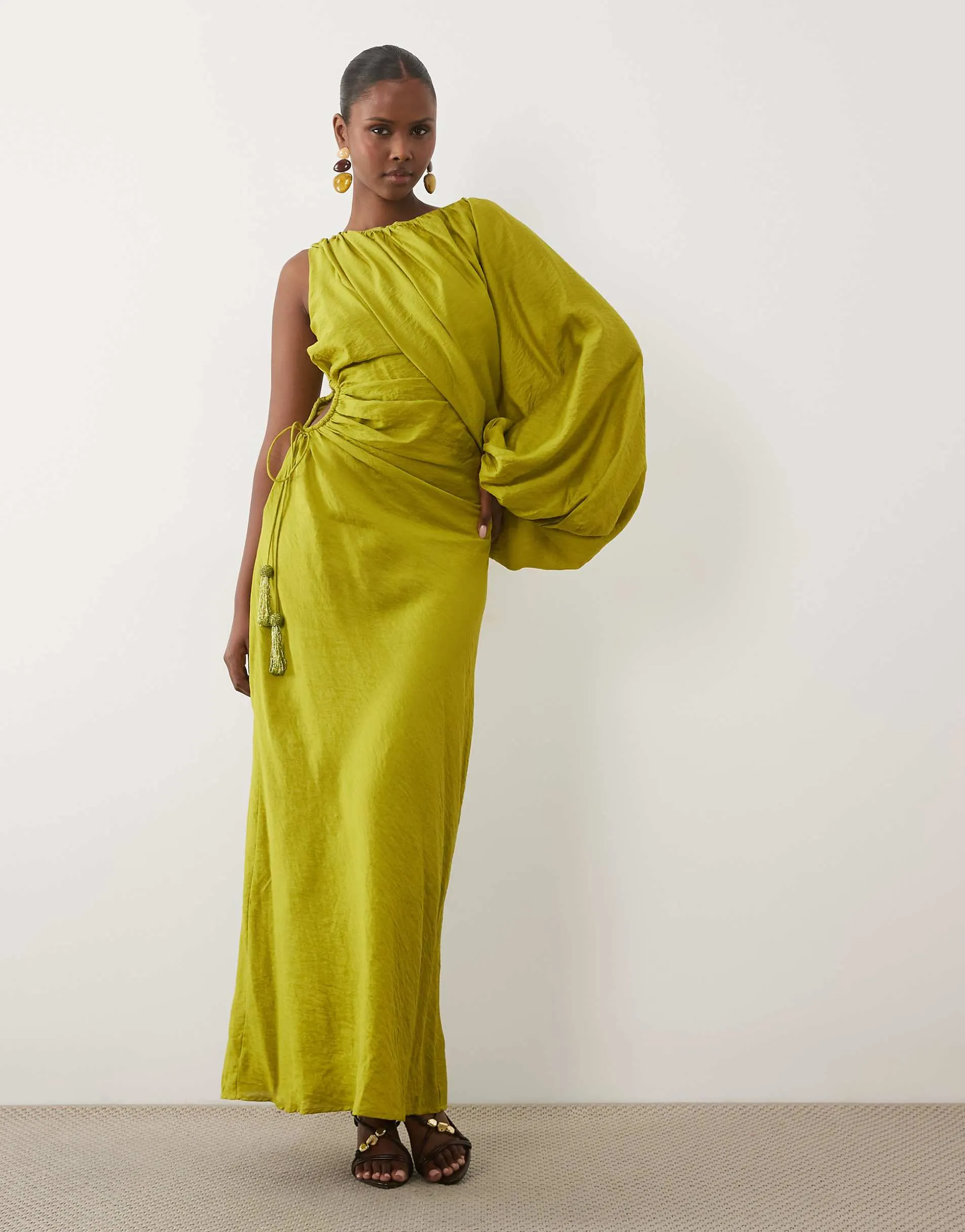 ASOS DESIGN one shoulder blouson maxi dress with cut out waist in lime green