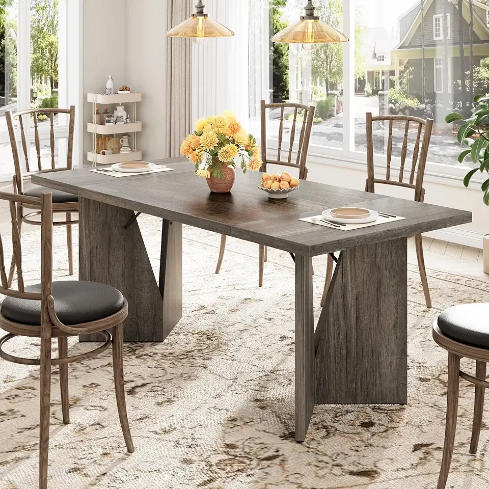 GarveeHome 70.9'' Rectangular Dining Table for 6-8, Wooden Thickened Long Desk, Farmhouse Kichen Table with Sturdy Frame and M-Shaped Legs, for Dining Room, Kitchen, Living Room, Office, Retro Brown