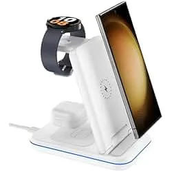 Wireless Charger for Samsung/Android, HOLYJOY Foldable 3 in 1 Fast Charging Station/Stand/Multi Charger for Samsung S25 Ultra/S24/Note 20,Travel Pad for Galaxy Watch 8/7/6/5/4/Active 2,For Buds(Ivory)