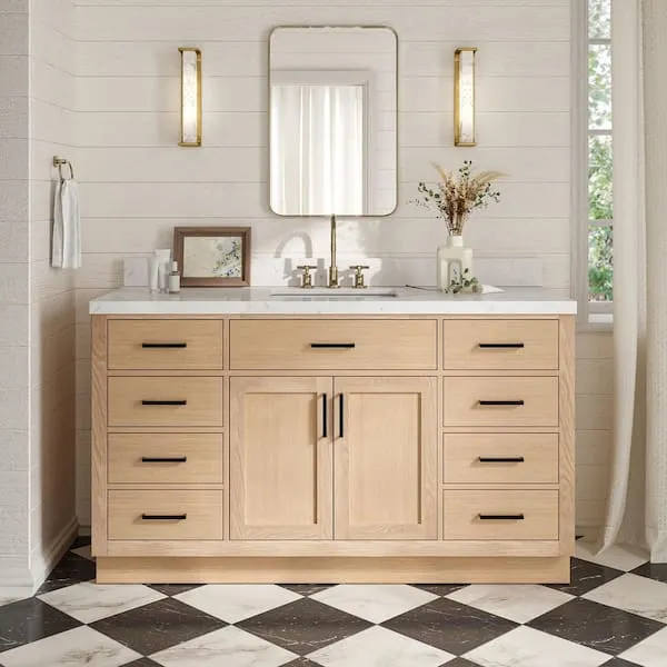 ARIEL Hepburn 60 in. Single Sink Freestanding Bathroom Vanity in Oak with Carrara White Quartz Top