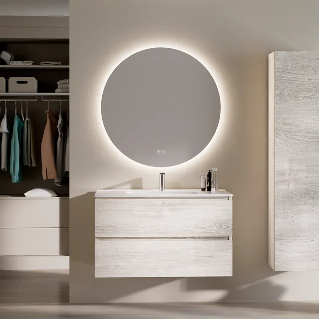Feel Your Bath, Mueble de Baño Serie PANTER Blanco Caliza 100 cm con Encimera Integrada y Espejo Redondo LED 100 cm, 2 Cajones