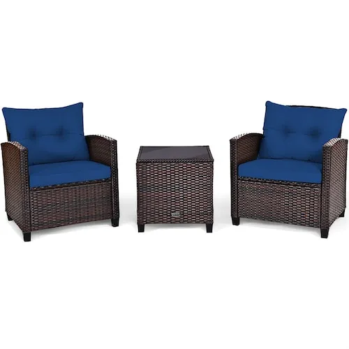 Costway 3PCS Patio Rattan Furniture Set Cushioned Conversation Set Coffee Table Navy