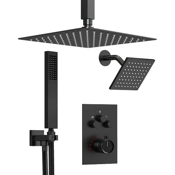 GRANDJOY Multiple Press 7-​Spray Ceiling Mount Anti Scald 12 in.​ Dual Fixed and Handheld Shower Head in Matte Black Valve Included