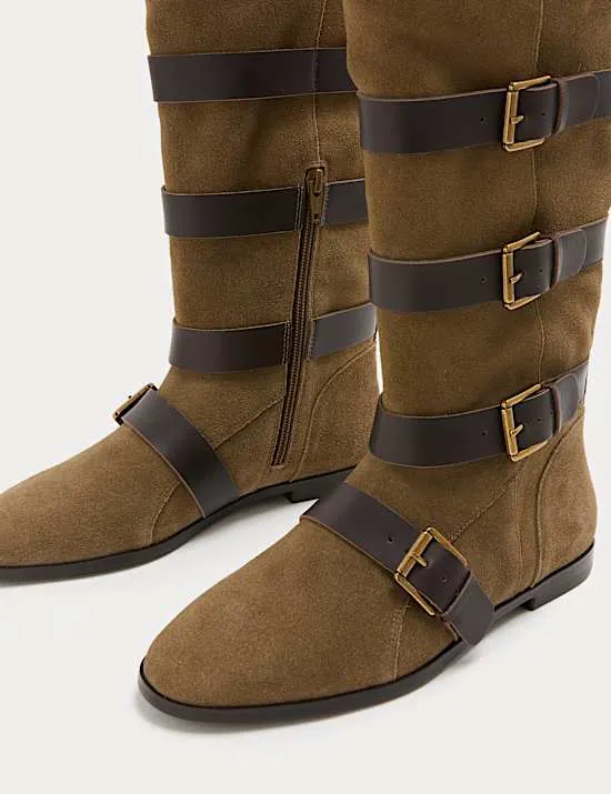 Suede Buckle Strap Mid Calf Flat Boots