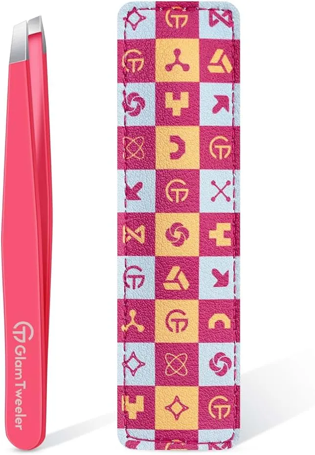Expert Eyebrow Hair Removal Tweezer with Leather Case, GlamTweeler High Precision Slant Tip Stainless Steel Tweezers for Men and Women (Hot Pink)