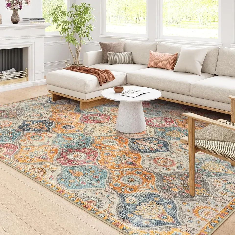 Lahome Moroccan Washable Area Rugs 8x10, 8x10 Rugs for Living Room Bedroom, Ultra-Thin Oriental Non-Slip Foldable Non Shedding Accent Large Carpet for Office Dining Room, Cream/Multi