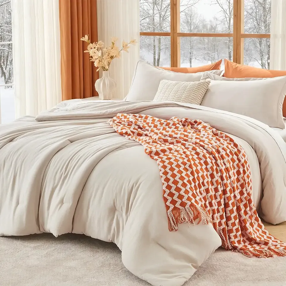 MUXHOMO Queen Size Comforter Set Beige, 3 Piece Solid Bedding for All Seasons, Warm Down Alternative Bed Set Includes 1 Lightweight Comforter (90"x90") and 2 Pillowshams (20"x26")