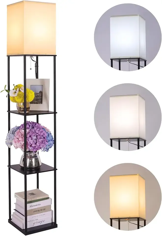 Gupuzm Floor Lamp with Shelves, Modern Square Standing Lamp with 3 Color Temperature Bulb, Corner Display Bookshelf Lamp for Living Room, Bedroom and Office (Black)