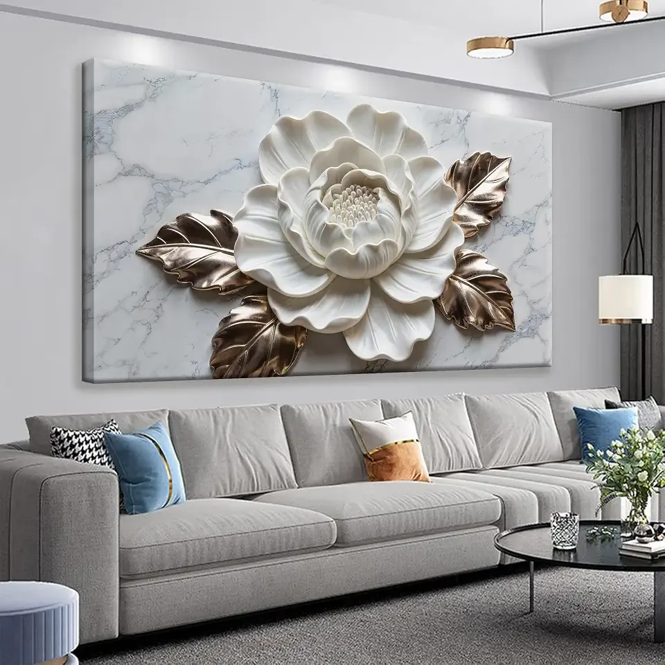 Suconvng Wall Art Living Room Marble Texture Wall Art Modern White Flower Canvas Art Wall Decor Home Wall Decor Suitable Pictures For Bedroom Apartment Office Can Be Hung 24" × 48"