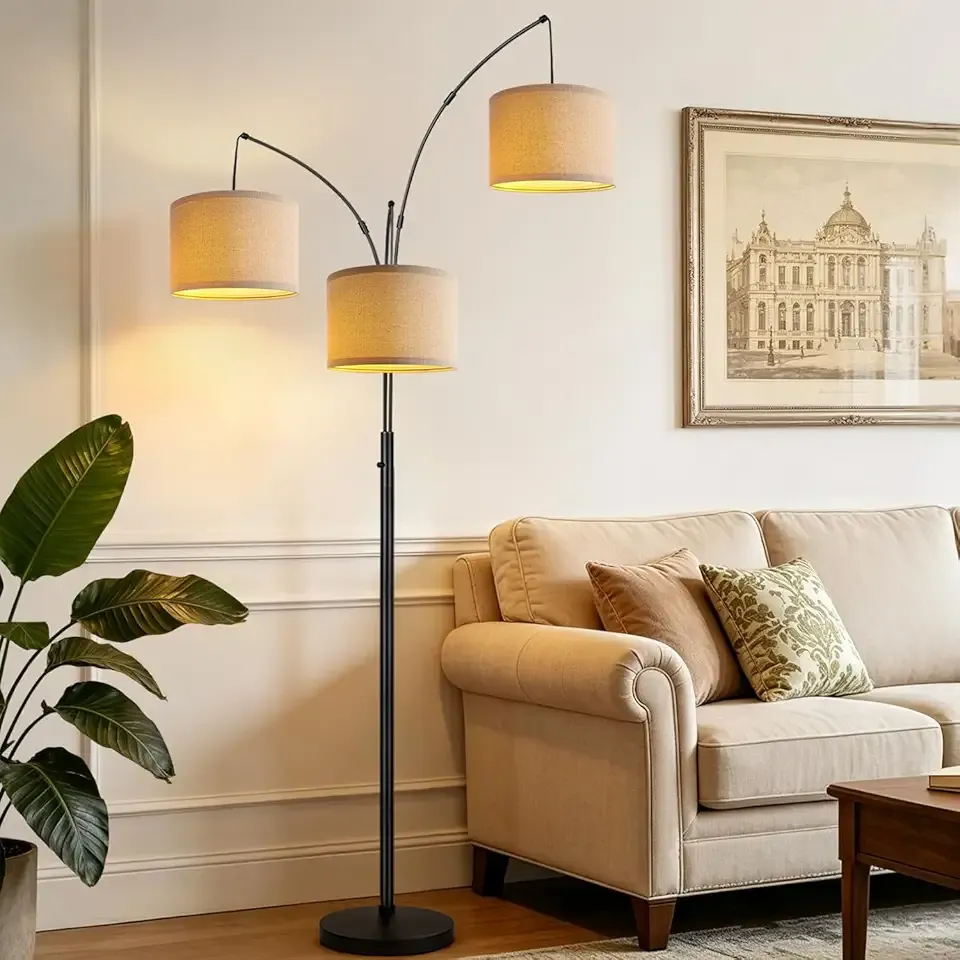 Dimmable 3 Lights Floor Lamp - 3000LM Super Bright Arc Floor Lamps for Living Room, Modern Tall Standing Lamp With Beige Shades, Mid Century Tree Floor Lamp for Bedroom Office, 3 LED Bulbs Included