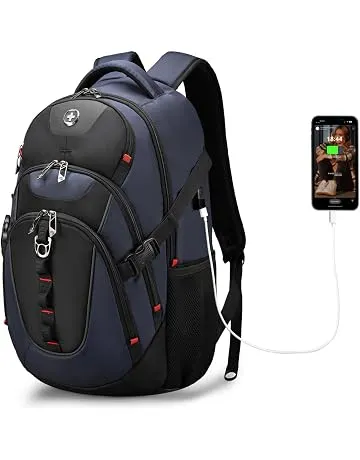 Swissdigital Design Laptop Backpack with USB Charging Port, Travel Backpack Fits 15.6 inches Computer, 31L College School Backpack for Men, Blue/Black | SD803-12