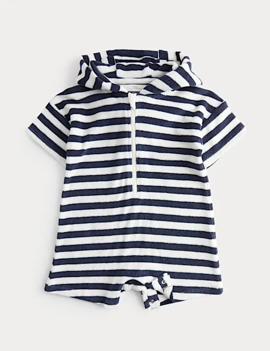 Gestreifter Frottee-Einteiler aus reiner Baumwolle (0–3 Jahre)