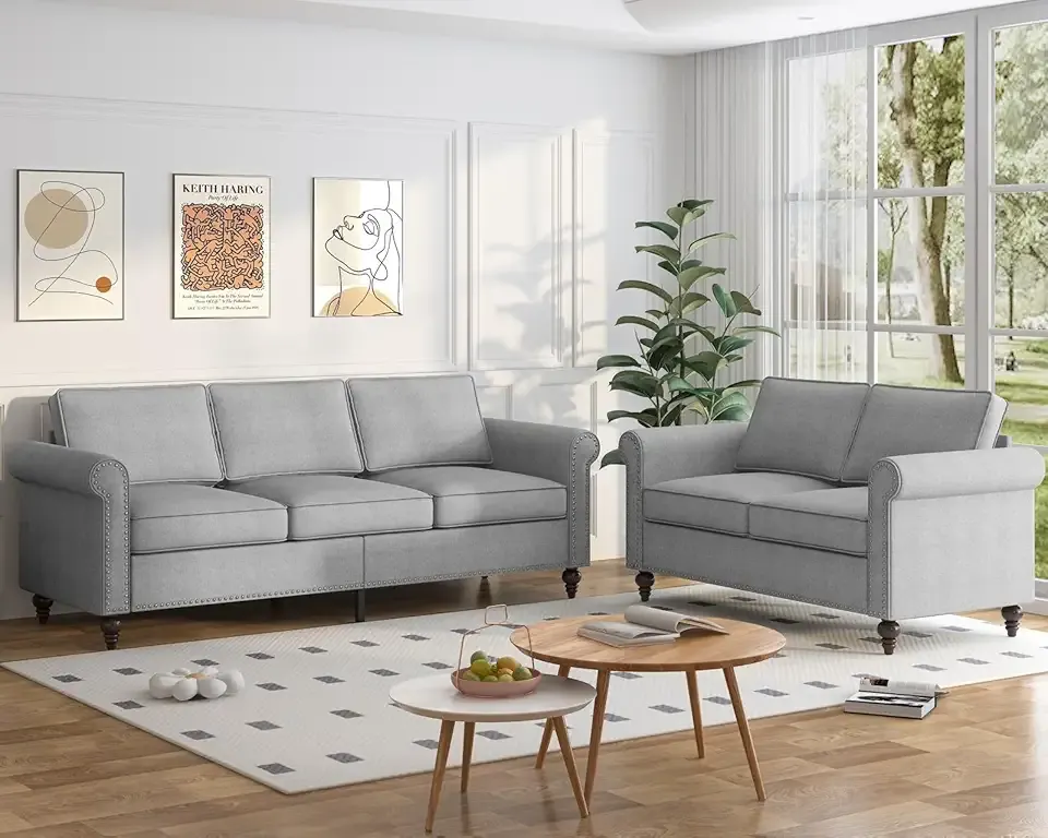2 Pieces Living Room Sofa Set, 3-Seat Sofa Couch and Loveseat Set, Modular Sectional Sofas Furniture, Couches Sets with Gourd Shapes Wood Legs for Living Room/Bedroom/Apartment, Light Grey