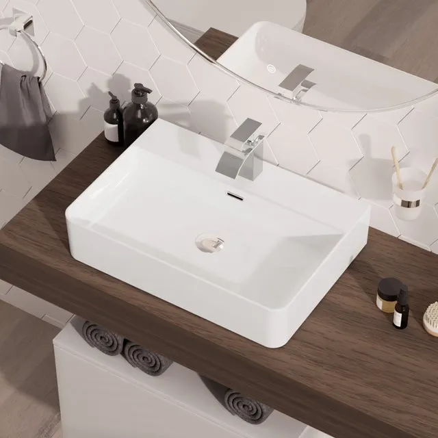 Lavabo suspendido 59x 43 cm con válvula, lavabo de sobreponer de cerámica rectangular, blanco, lavabo con superficie de apoyo