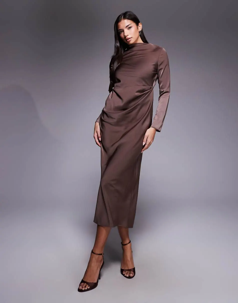 ASOS DESIGN long sleeved high neck pleated bodice midi dress in chocolate