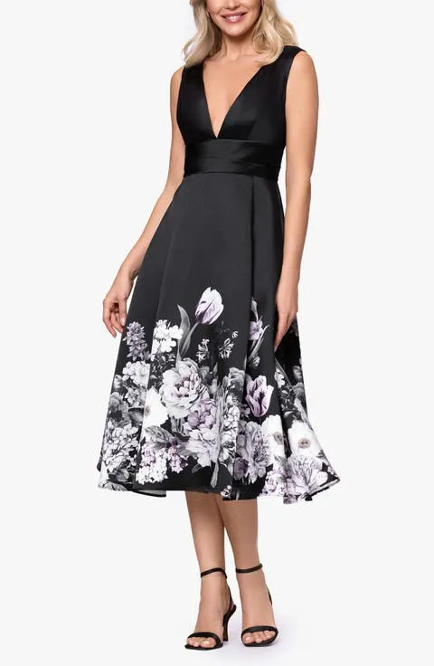 Floral Border Plunge Neck Cocktail Midi Dress
