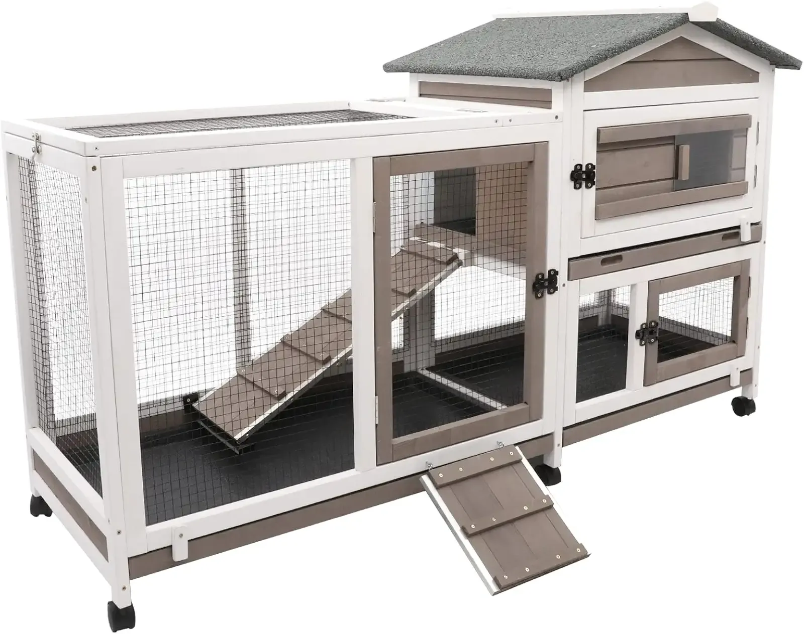 Gowoodhut Rabbit Hutch Indoor Outdoor 2 Story Bunny Cage with 3 No Leak Trays,55.31" L Guinea Pig Cages Rabbit Cage with 6 Wheels for Guinea Pig,Rabbit for Rabbit Lover|Pet Lover(White/Grey)