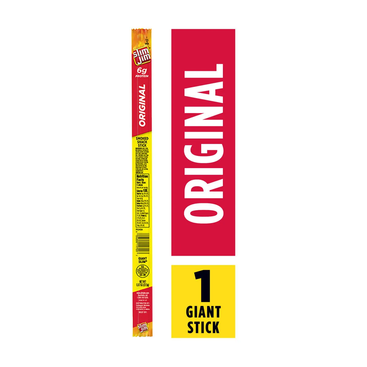 Slim Jim Giant Sized Original Smoked Snack Stick, 6g Protein Per Serving, 0.97 oz.