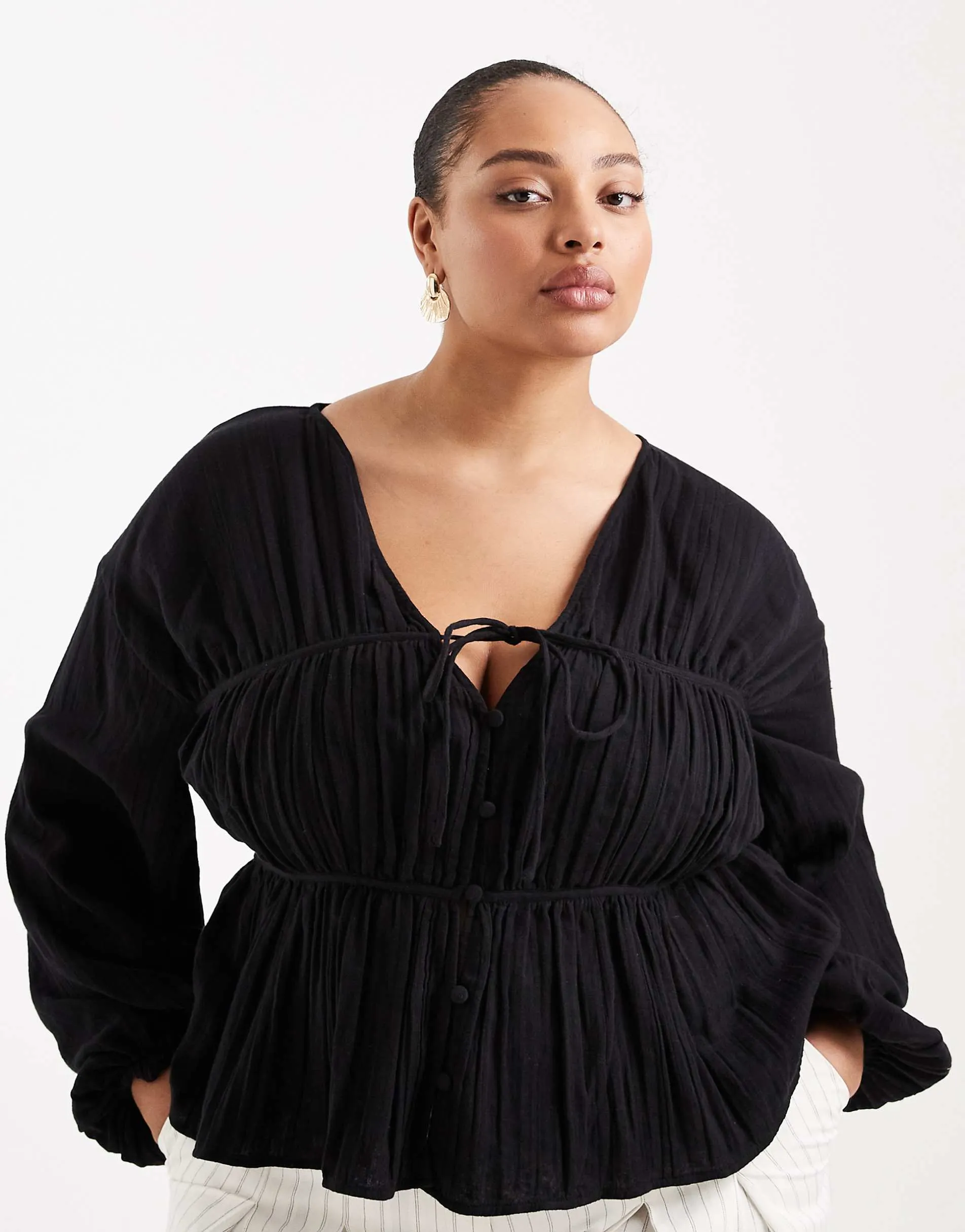 ASOS DESIGN Curve long sleeve smock top with button front in black
