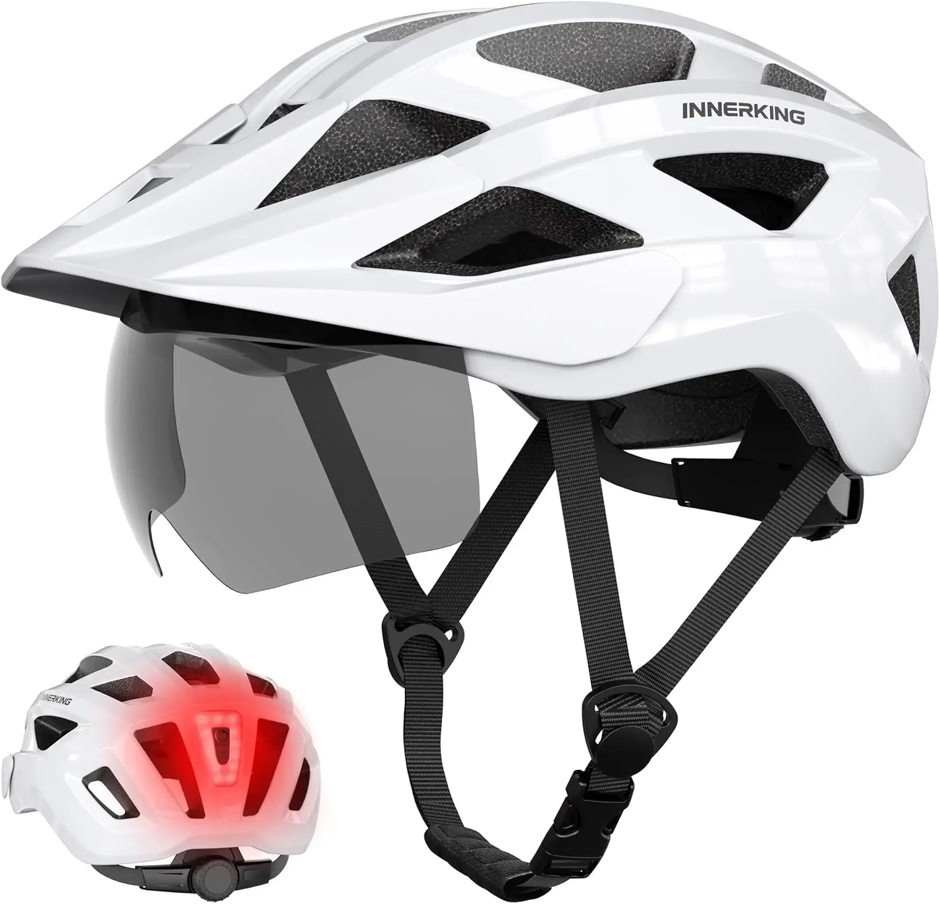 InnerKing Adult Bike Helmet Rear Light & OTG Magnetic Goggles for Men Women | Lightweight Mountain Bicycle Helmets,Rechargeable Rear Light,Detachable Goggles, Road Cycling with Removable OTG Visor