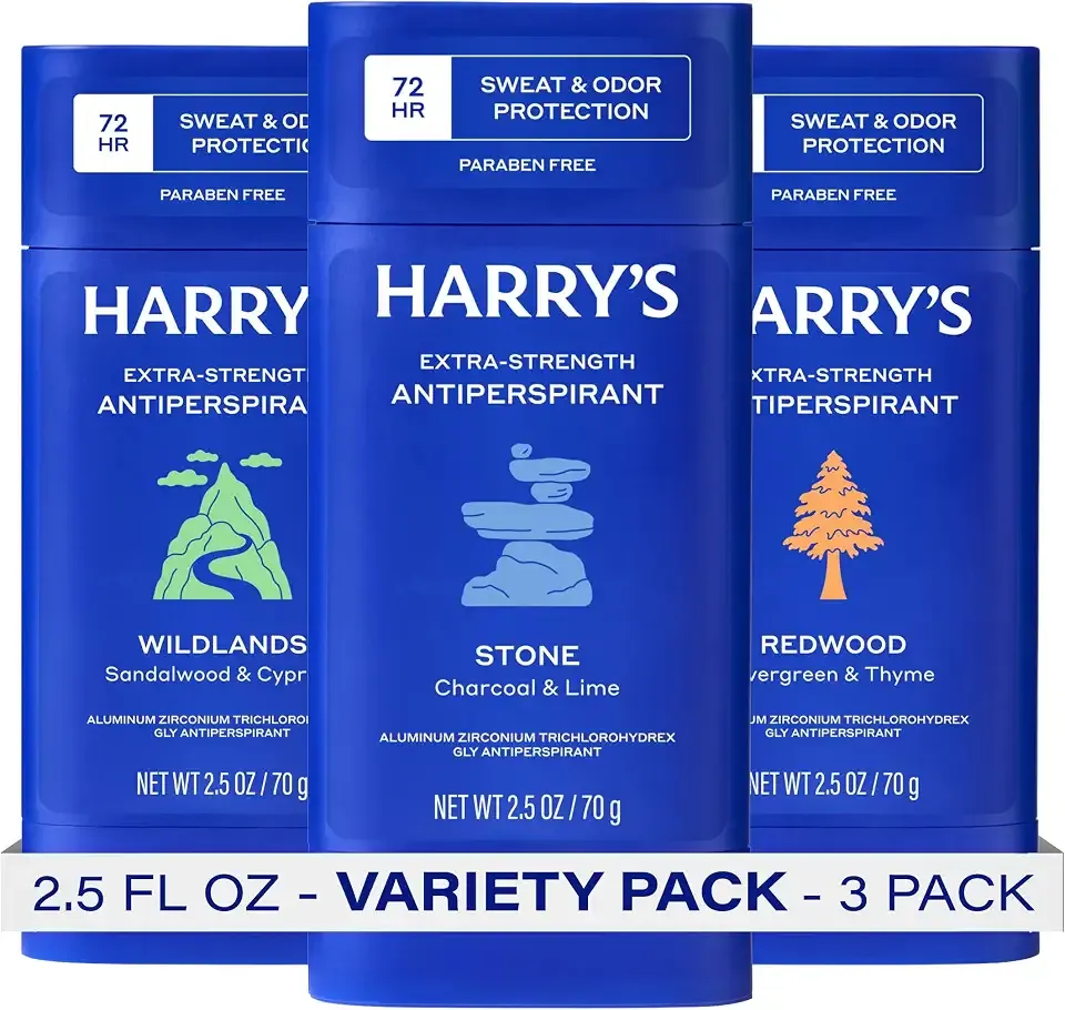 Harry's Extra-Strength Antiperspirant Deodorant, Sweat & Odor Control Antiperspirant for Men, Variety Pack - Stone, Redwood, Wildlands, 2.5 oz Pack of 3
