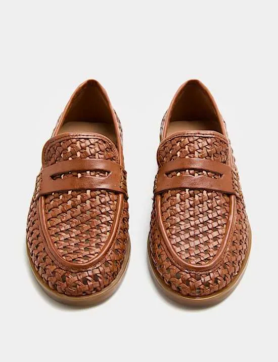 Leather Woven Flat Loafers
