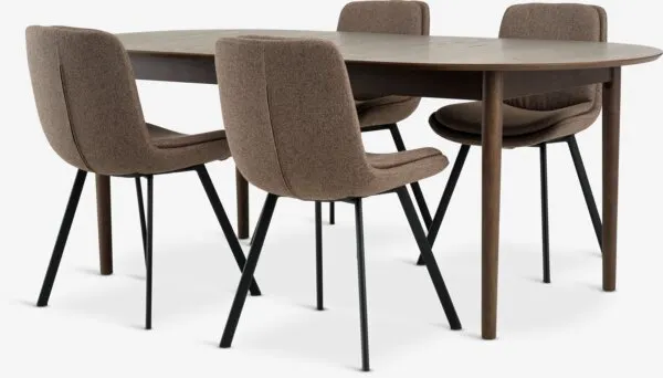 MARSTRAND + MELBY MARSTRAND L200 tafel donker eik + 4 MELBY stoelen lichtbruin