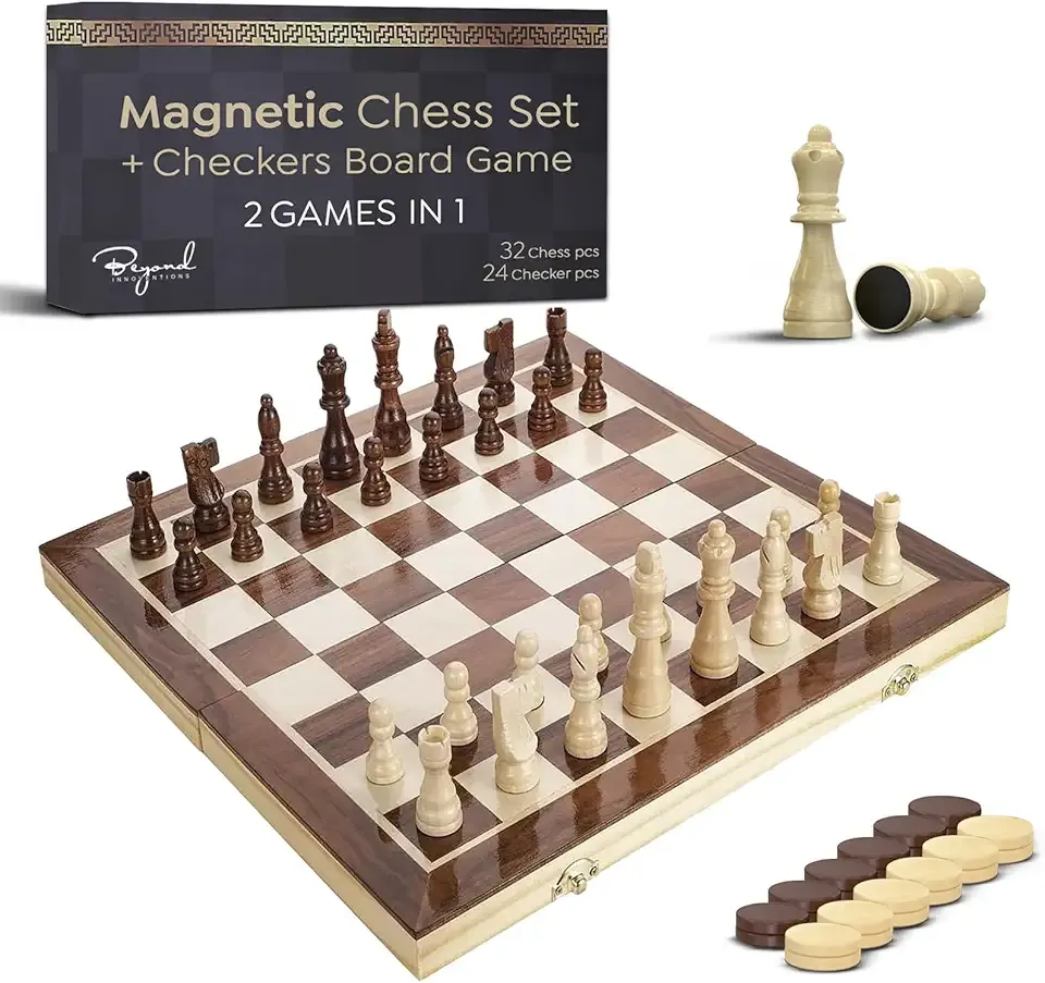 Wooden Magnetic Chess Set & Checkers Board Game, 15” Foldable Chess Board | Solid Wood 2-in-1 Board Game for Adults with Storage Box, 2 Extra Queens, Portable Travel Chess Set for Kids & Beginners