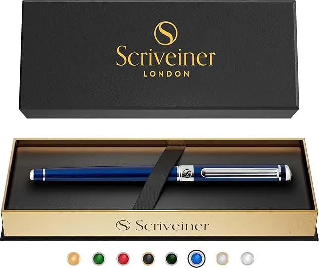Scriveiner Midnight Blue Rollerball Pen - Stunning Blue Lacquer Luxury Pen, Chrome Finish, Schmidt Ink Refills, Men & Women, Professional, Executive Office, Nice Pen