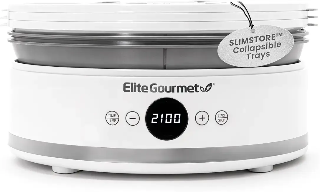 Elite Gourmet EFD329WD Digital Food Dehydrator with 5 BPA Free SlimStore™ Collapsible Trays for Compact Storage, Adjustable Timer and Temperature Controls, Jerky, Herbs, Fruit, Veggies, Snacks, White