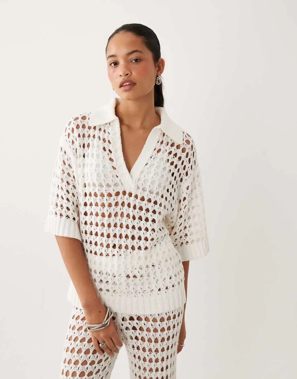 ASOS DESIGN crochet collared short sleeve top co-ord in cream