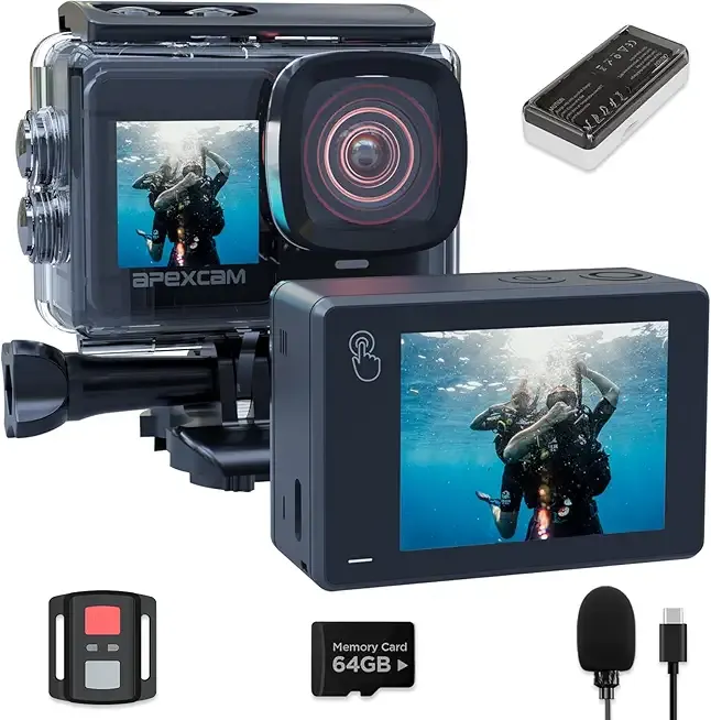Apexcam X80PRO Dual Screen Action Cam 4K60FPS 8X Zoom EIS 48MP with 64GB Card Ultra HD WiFi Sports Camera, Underwater Camera 2.4G Remote Control, 2X Batteries for Snorkel, Travel, Motorcycle, Bicycle