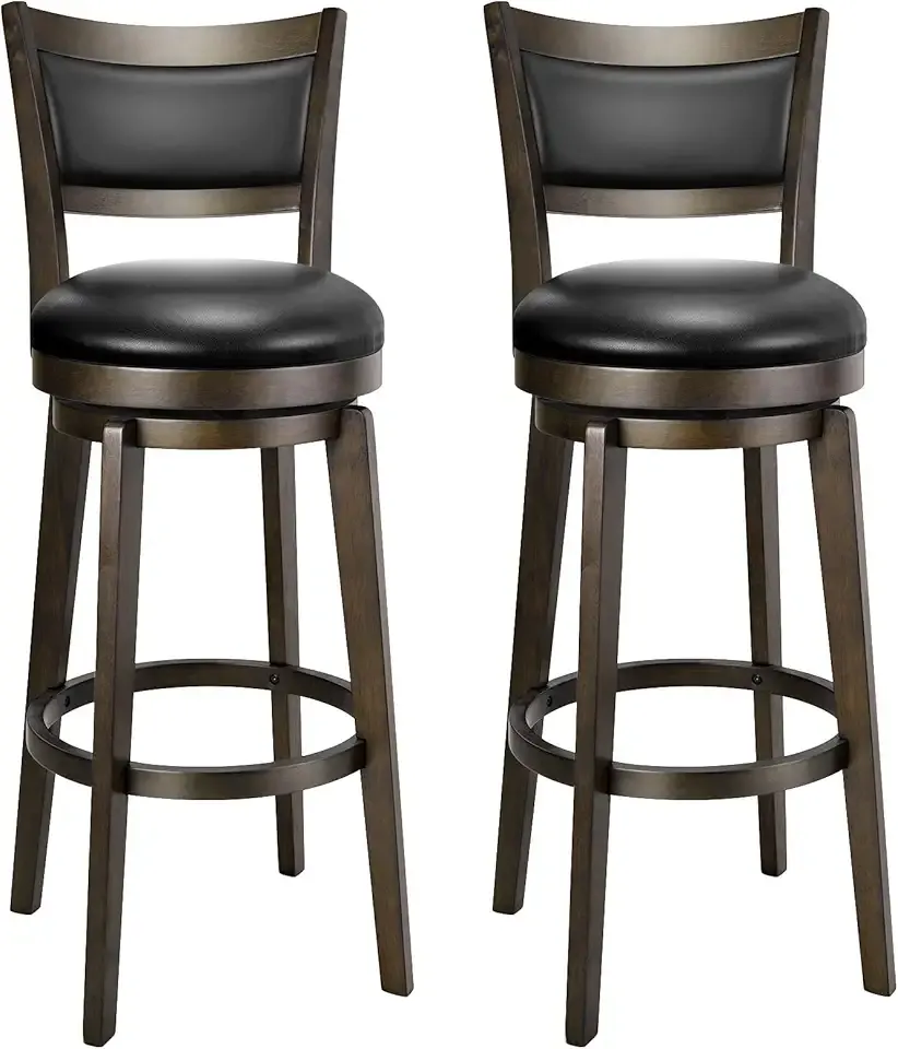 PrimeZone Swivel Bar Stools Set of 2, 32 Inch Tall Bar Height Barstools, Black Faux Leather Bar Stool with High Backrest & Solid Wood Legs & Wrap-Around Footrest, Counter Stools for Pub