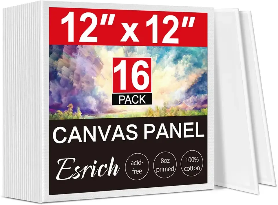 ESRICH Canvas for Painting, 16 Pack Square Canvas Boards for Painting 12x12 100% Cotton Primed Acid Free Blank Canvas Panels for Oil Paint, Watercolor, Acrylic Paint, Gouache and Tempera.