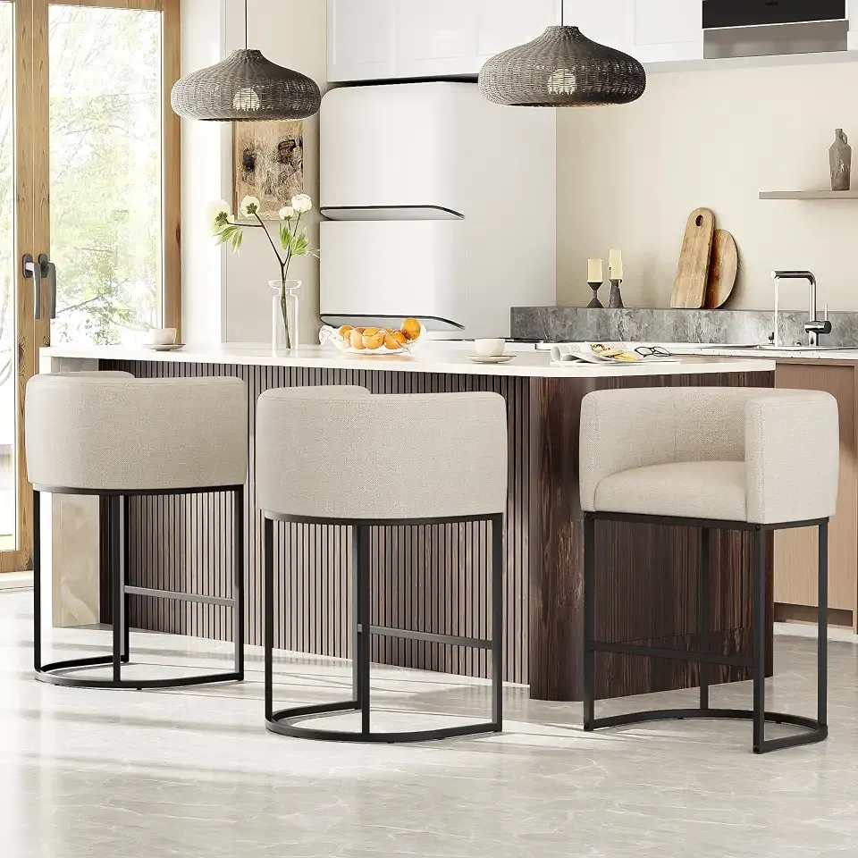 26" H Counter Height Bar Stools Set of 3, Modern Barrel Counter Stools with Backrest and Arms, Linen Fabric Upholstered Accent Barstools for Kitchen Island, Support 450 LBS, Beige