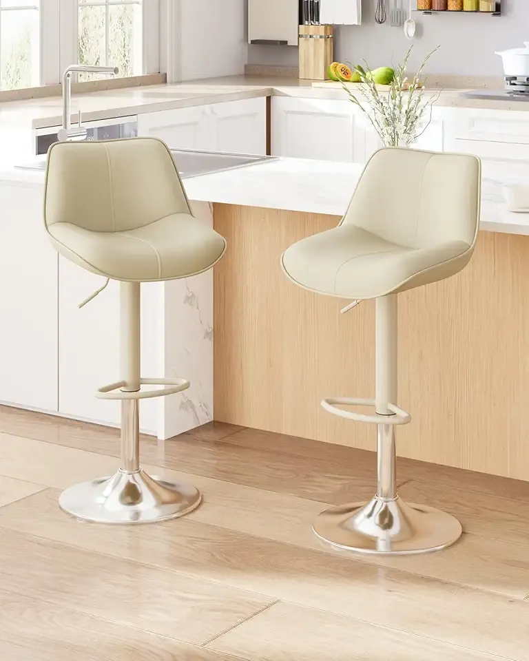 Bar Stools Set of 2, Adjustable Swivel Faux Leather Barstools 26-34inch with Footrests, Counter Height Island Chairs for Bar, Kitchen, Dining Room, Beige