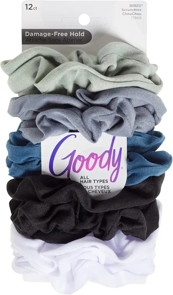 Goody Ouchless Scrunchies for Women - 12 Ct, Assorted Cool Tones, Damage-Free & Secure Hold Hair Ties, Gentle Hair Accessories for Women & Men, All Day Comfort, All Hair Types