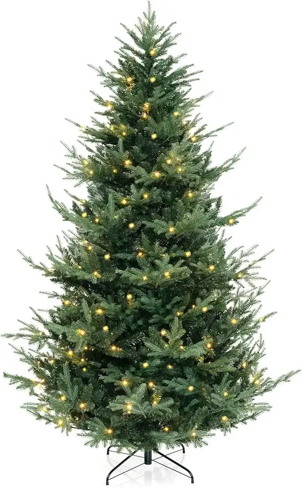 GOFLAME 8FT Prelit Artificial Christmas Tree, Hinged Xmas Tree with 1480 Branch Tips, 450 Warm White LED Lights, PE & PVC Mixed Leaves, Holiday Decoration Tree for Home Office Party