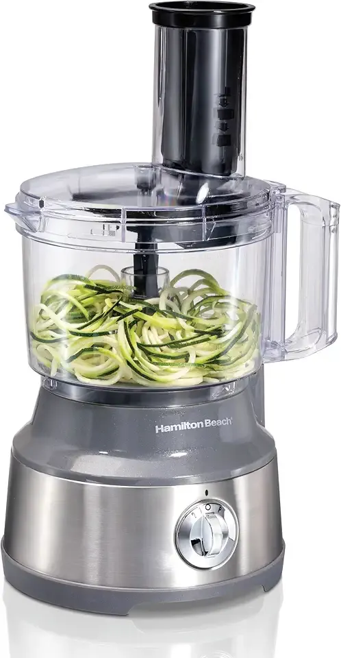 Hamilton Beach Food Processor & Vegetable Chopper for Slicing, Shredding, Mincing, and Puree, 10 Cups + Veggie Spiralizer makes Zoodles and Ribbons, Grey and Stainless Steel (70735)
