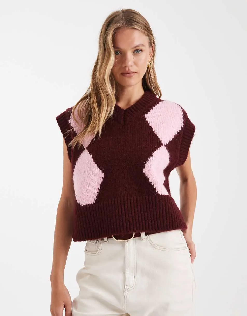 ASOS DESIGN argyle boxy fluffy v neck tank in burgundy