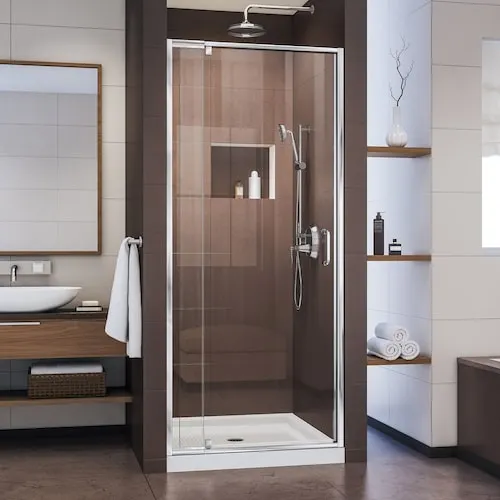Flex 32 in. D x 32 in. W x 74.75 in. H Alcove Shower Kit with White Acrylic Base, Centre Drain & Clear Glass Pivot Door in Chrome (No Shower Wall)